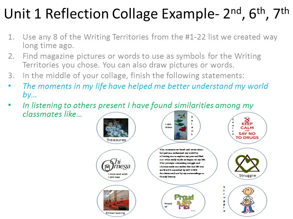 Unit 1 Reflection Collage Example- 2 nd, 6 th, 7 th 1.Use any 8 of the Writing Territories from the #1-22 list we created way long time ago.