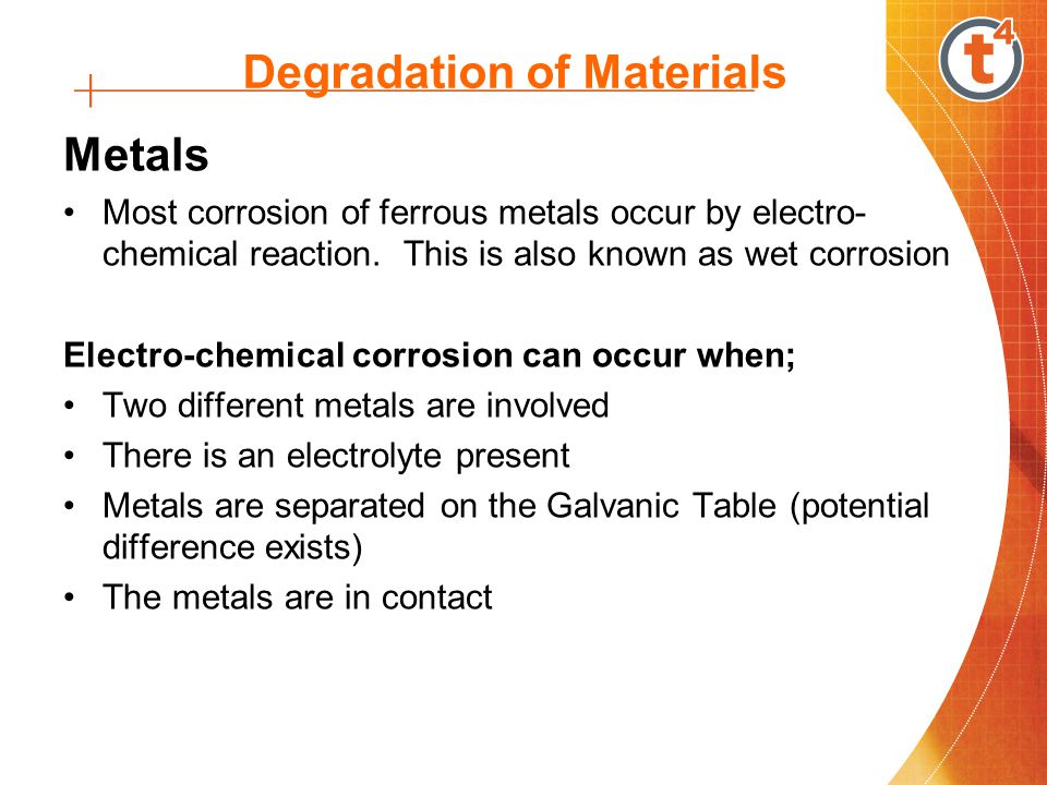 Degradation of Materials Metals Most corrosion of ferrous metals occur by electro- chemical reaction.