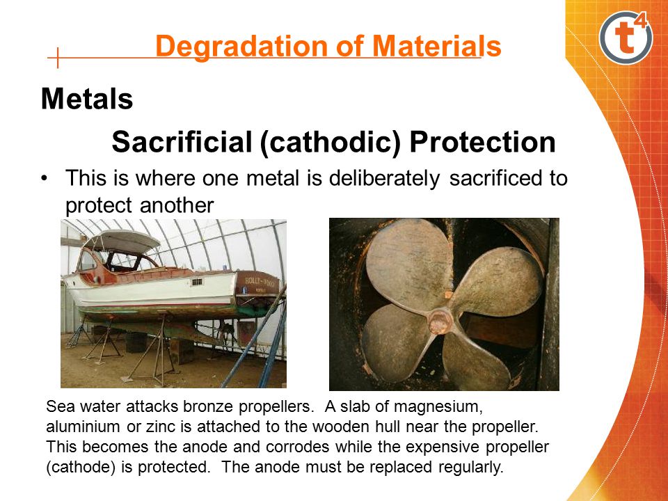 Degradation of Materials Metals Sacrificial (cathodic) Protection This is where one metal is deliberately sacrificed to protect another Sea water attacks bronze propellers.