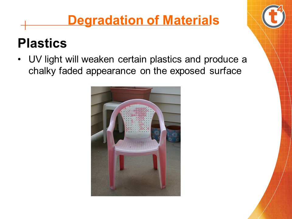 Degradation of Materials Plastics UV light will weaken certain plastics and produce a chalky faded appearance on the exposed surface