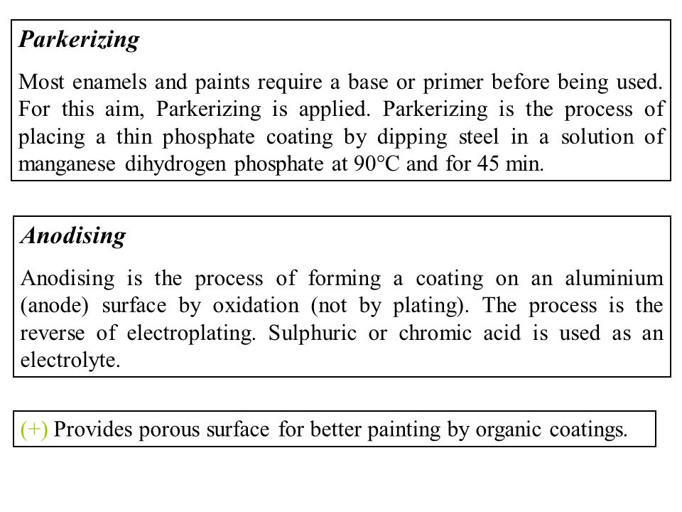 Parkerizing Most enamels and paints require a base or primer before being used.