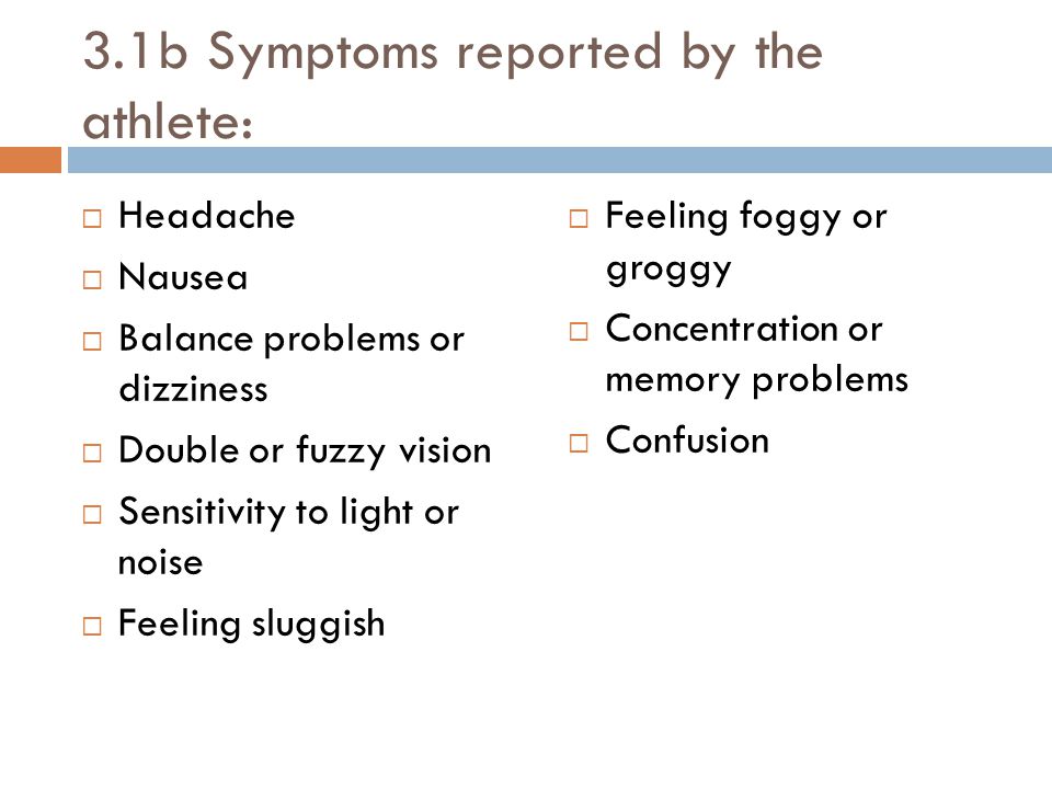 3.1b Symptoms reported by the athlete:  Headache  Nausea  Balance problems or dizziness  Double or fuzzy vision  Sensitivity to light or noise  Feeling sluggish  Feeling foggy or groggy  Concentration or memory problems  Confusion