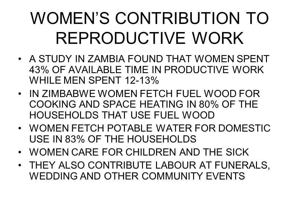 WOMEN’S CONTRIBUTION TO REPRODUCTIVE WORK A STUDY IN ZAMBIA FOUND THAT WOMEN SPENT 43% OF AVAILABLE TIME IN PRODUCTIVE WORK WHILE MEN SPENT 12-13% IN ZIMBABWE WOMEN FETCH FUEL WOOD FOR COOKING AND SPACE HEATING IN 80% OF THE HOUSEHOLDS THAT USE FUEL WOOD WOMEN FETCH POTABLE WATER FOR DOMESTIC USE IN 83% OF THE HOUSEHOLDS WOMEN CARE FOR CHILDREN AND THE SICK THEY ALSO CONTRIBUTE LABOUR AT FUNERALS, WEDDING AND OTHER COMMUNITY EVENTS