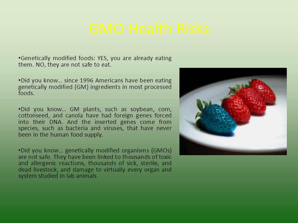 GMO Health Risks Genetically modified foods: YES, you are already eating them.
