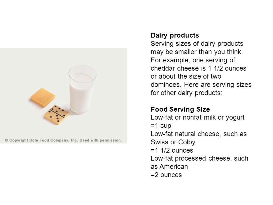 Dairy products Serving sizes of dairy products may be smaller than you think.
