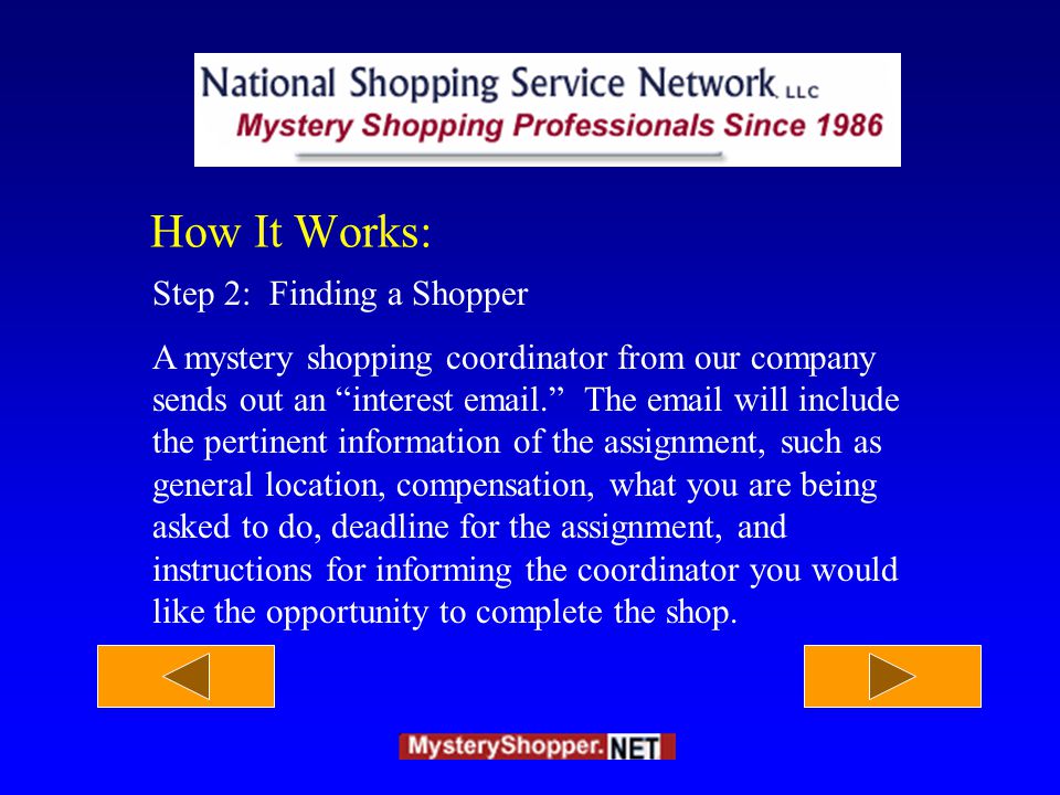 Step 1: Merchants hire our company to do mystery shopping in their establishments and we develop a program to meet their specific needs.