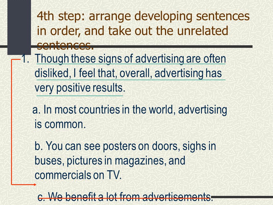 4th step: arrange developing sentences in order, and take out the unrelated sentences.