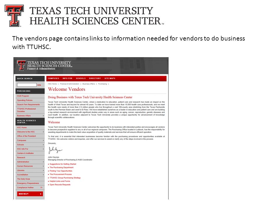 The vendors page contains links to information needed for vendors to do business with TTUHSC.