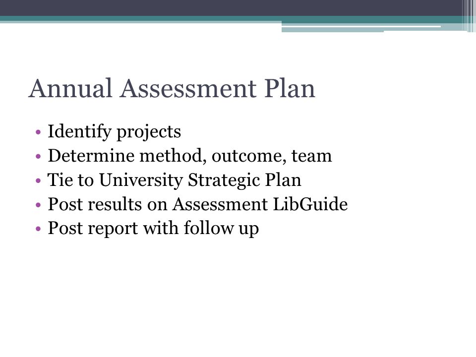 Annual Assessment Plan Identify projects Determine method, outcome, team Tie to University Strategic Plan Post results on Assessment LibGuide Post report with follow up
