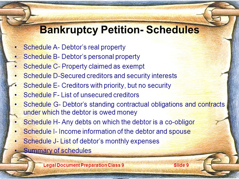 Legal Document Preparation Class 9Slide 9 Bankruptcy Petition- Schedules Schedule A- Debtor’s real property Schedule B- Debtor’s personal property Schedule C- Property claimed as exempt Schedule D-Secured creditors and security interests Schedule E- Creditors with priority, but no security Schedule F- List of unsecured creditors Schedule G- Debtor’s standing contractual obligations and contracts under which the debtor is owed money Schedule H- Any debts on which the debtor is a co-obligor Schedule I- Income information of the debtor and spouse Schedule J- List of debtor’s monthly expenses Summary of schedules