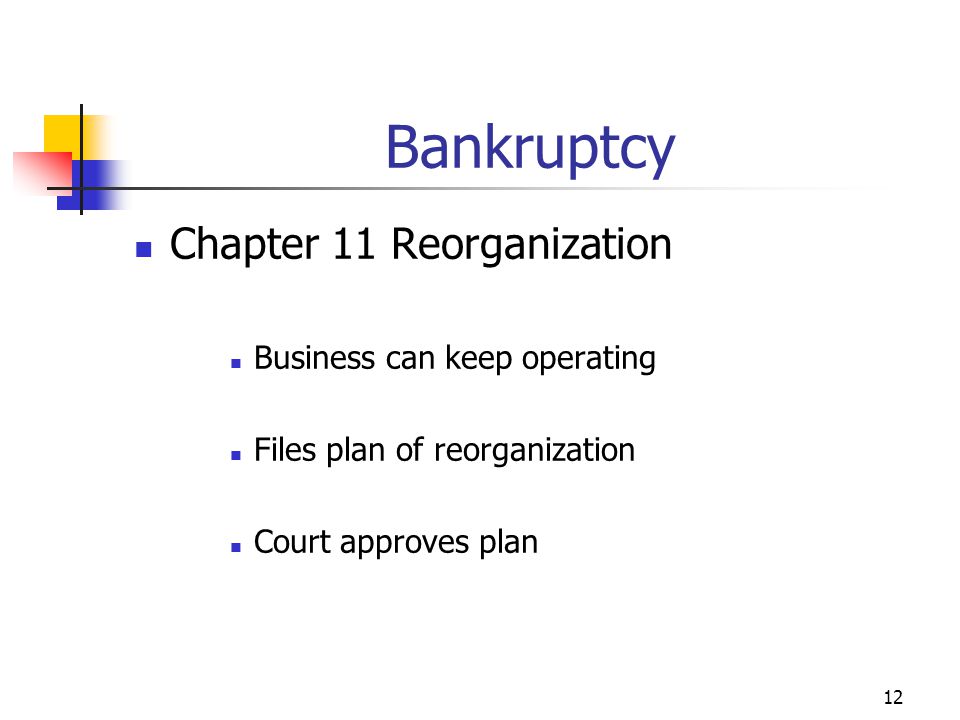 12 Chapter 11 Reorganization Business can keep operating Files plan of reorganization Court approves plan Bankruptcy