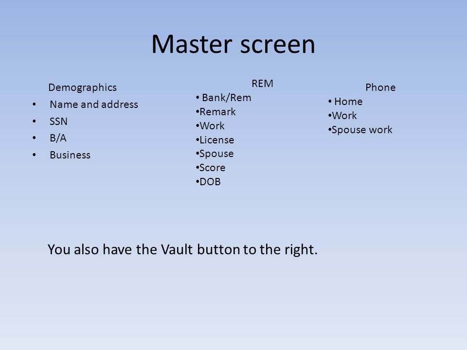 Master screen Demographics Name and address SSN B/A Business REM Bank/Rem Remark Work License Spouse Score DOB Phone Home Work Spouse work You also have the Vault button to the right.