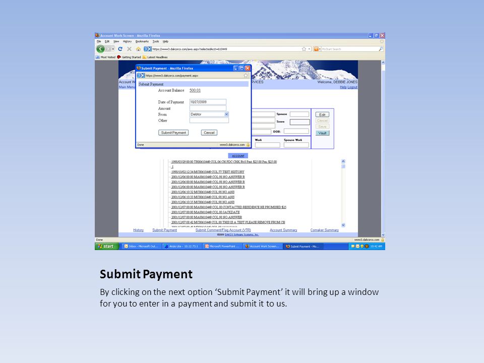 Submit Payment By clicking on the next option ‘Submit Payment’ it will bring up a window for you to enter in a payment and submit it to us.