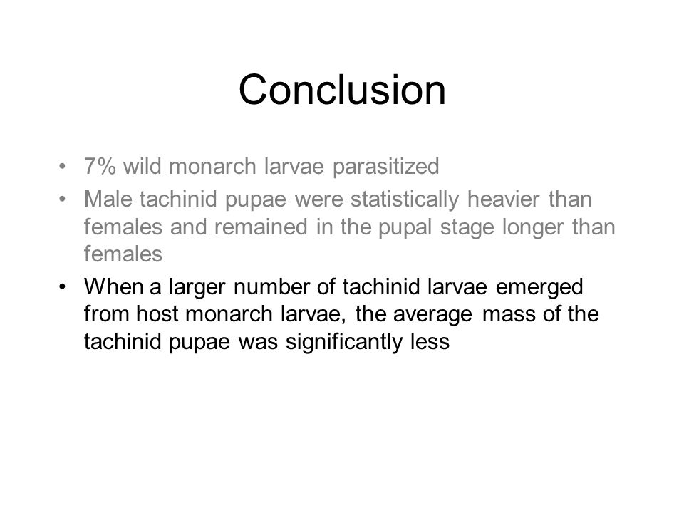 Conclusion 7% wild monarch larvae parasitized Male tachinid pupae were statistically heavier than females and remained in the pupal stage longer than females When a larger number of tachinid larvae emerged from host monarch larvae, the average mass of the tachinid pupae was significantly less