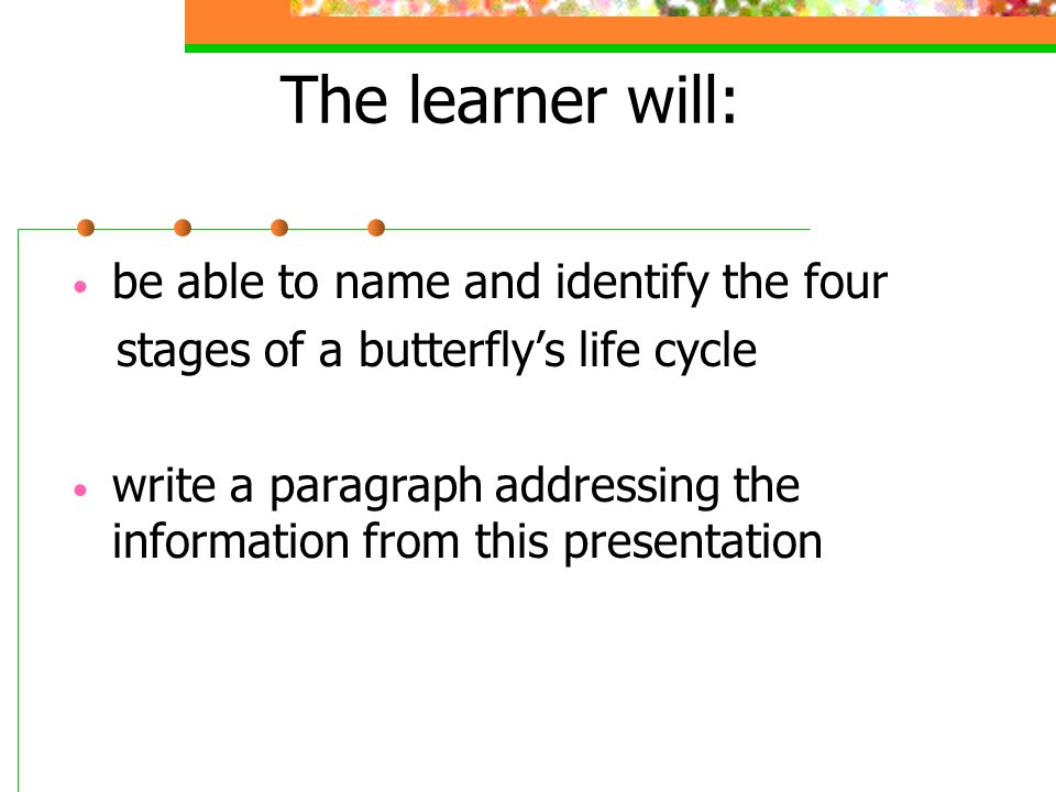 The learner will: be able to name and identify the four stages of a butterfly’s life cycle write a paragraph addressing the information from this presentation