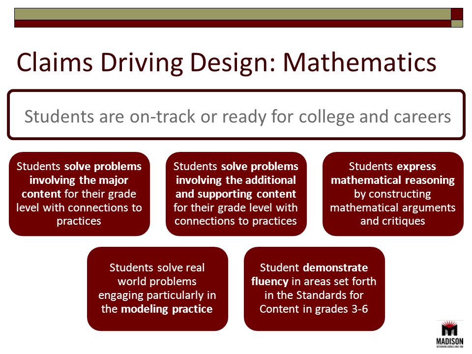 Students solve problems involving the major content for their grade level with connections to practices Students solve problems involving the additional and supporting content for their grade level with connections to practices Students express mathematical reasoning by constructing mathematical arguments and critiques Students solve real world problems engaging particularly in the modeling practice Student demonstrate fluency in areas set forth in the Standards for Content in grades 3-6 Claims Driving Design: Mathematics Students are on-track or ready for college and careers
