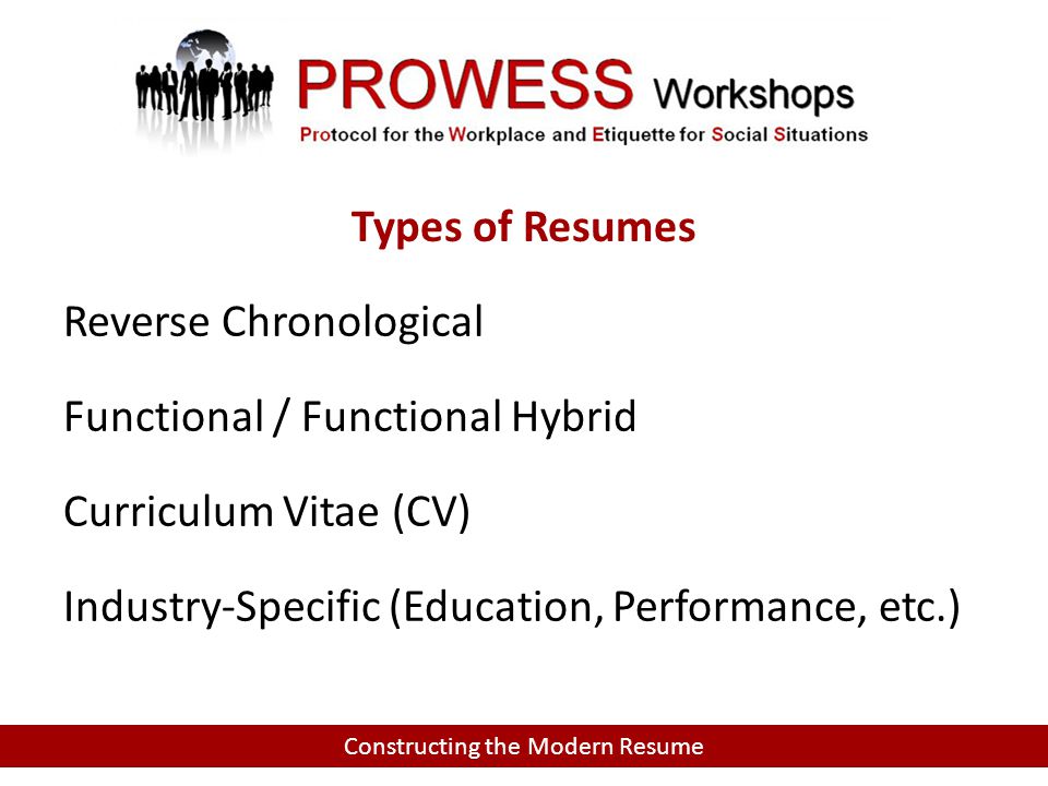 chronological functional functional hybrid curriculum vitae cv industry specific education performance etc constructing the modern resume types