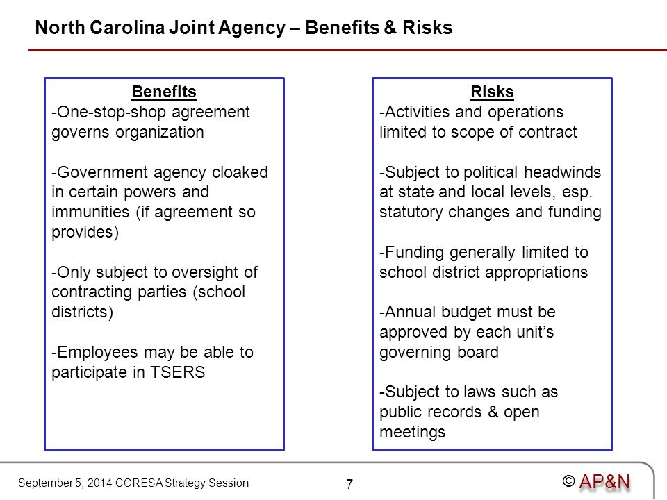September 5, 2014 CCRESA Strategy Session © North Carolina Joint Agency – Benefits & Risks Benefits -One-stop-shop agreement governs organization -Government agency cloaked in certain powers and immunities (if agreement so provides) -Only subject to oversight of contracting parties (school districts) -Employees may be able to participate in TSERS Risks -Activities and operations limited to scope of contract -Subject to political headwinds at state and local levels, esp.