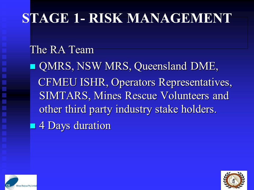 STAGE 1- RISK MANAGEMENT The RA Team QMRS, NSW MRS, Queensland DME, QMRS, NSW MRS, Queensland DME, CFMEU ISHR, Operators Representatives, SIMTARS, Mines Rescue Volunteers and other third party industry stake holders.