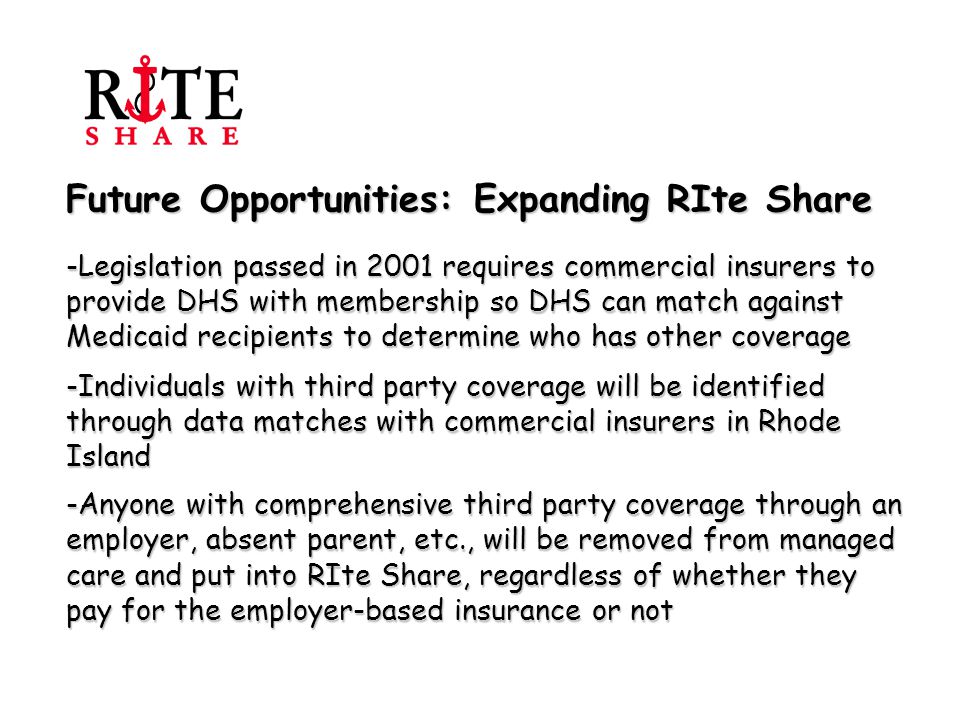 Future Opportunities: Expanding RIte Share -Legislation passed in 2001 requires commercial insurers to provide DHS with membership so DHS can match against Medicaid recipients to determine who has other coverage -Individuals with third party coverage will be identified through data matches with commercial insurers in Rhode Island -Anyone with comprehensive third party coverage through an employer, absent parent, etc., will be removed from managed care and put into RIte Share, regardless of whether they pay for the employer-based insurance or not