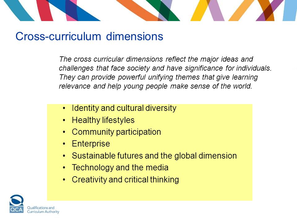 Cross-curriculum dimensions The cross curricular dimensions reflect the major ideas and challenges that face society and have significance for individuals.