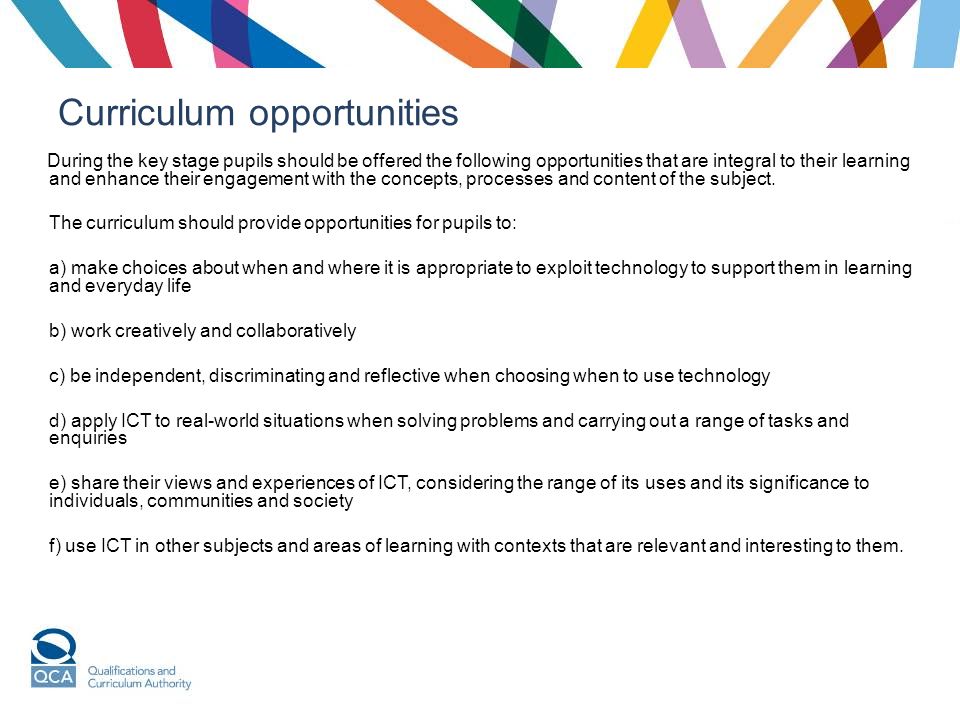 Curriculum opportunities During the key stage pupils should be offered the following opportunities that are integral to their learning and enhance their engagement with the concepts, processes and content of the subject.