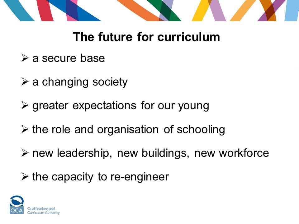  a secure base  a changing society  greater expectations for our young  the role and organisation of schooling  new leadership, new buildings, new workforce  the capacity to re-engineer The future for curriculum
