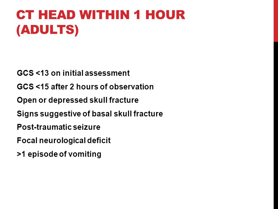 CT HEAD WITHIN 1 HOUR (ADULTS) GCS <13 on initial assessment GCS <15 after 2 hours of observation Open or depressed skull fracture Signs suggestive of basal skull fracture Post-traumatic seizure Focal neurological deficit >1 episode of vomiting