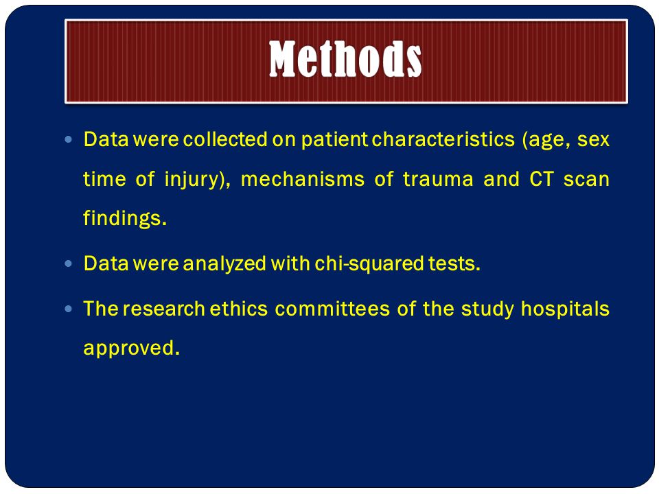 Data were collected on patient characteristics (age, sex time of injury), mechanisms of trauma and CT scan findings.