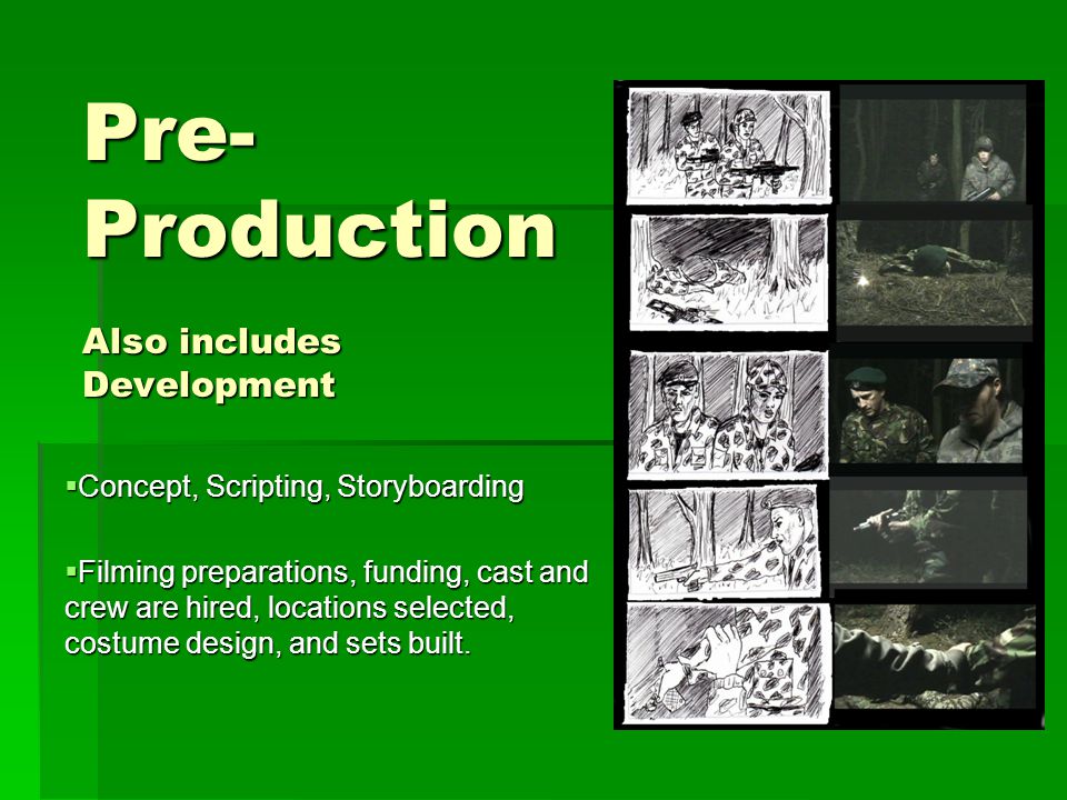Pre- Production Also includes Development  Concept, Scripting, Storyboarding  Filming preparations, funding, cast and crew are hired, locations selected, costume design, and sets built.