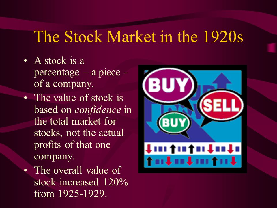 The Stock Market in the 1920s A stock is a percentage – a piece - of a company.