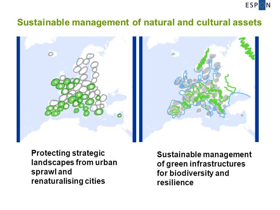 Sustainable management of natural and cultural assets Protecting strategic landscapes from urban sprawl and renaturalising cities Sustainable management of green infrastructures for biodiversity and resilience
