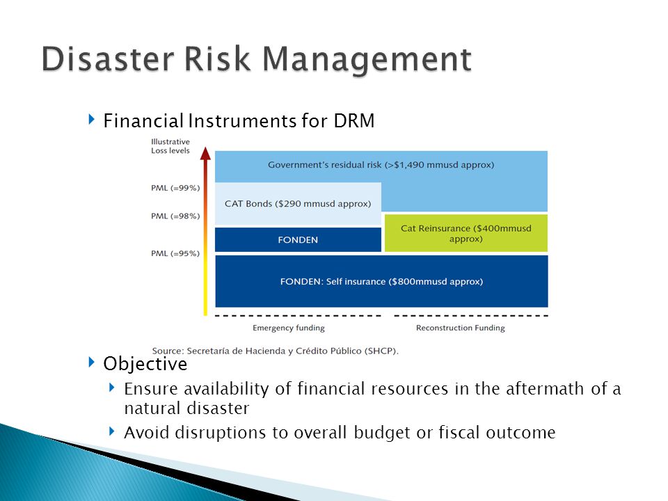 ‣ Financial Instruments for DRM ‣ Objective ‣ Ensure availability of financial resources in the aftermath of a natural disaster ‣ Avoid disruptions to overall budget or fiscal outcome