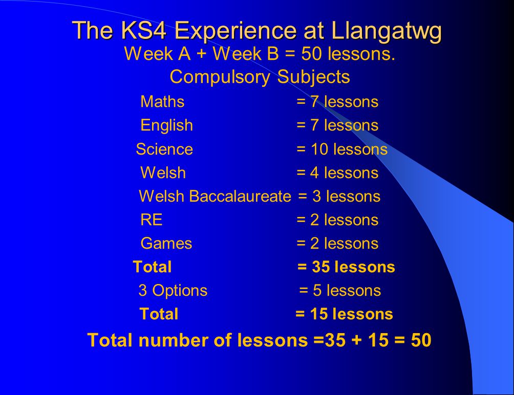 The KS4 Experience at Llangatwg Week A + Week B = 50 lessons.