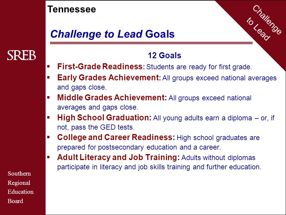 Challenge to Lead Southern Regional Education Board Tennessee Challenge to Lead Goals 12 Goals  First-Grade Readiness : Students are ready for first grade.