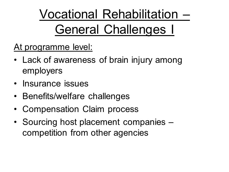 Vocational Rehabilitation – General Challenges I At programme level: Lack of awareness of brain injury among employers Insurance issues Benefits/welfare challenges Compensation Claim process Sourcing host placement companies – competition from other agencies