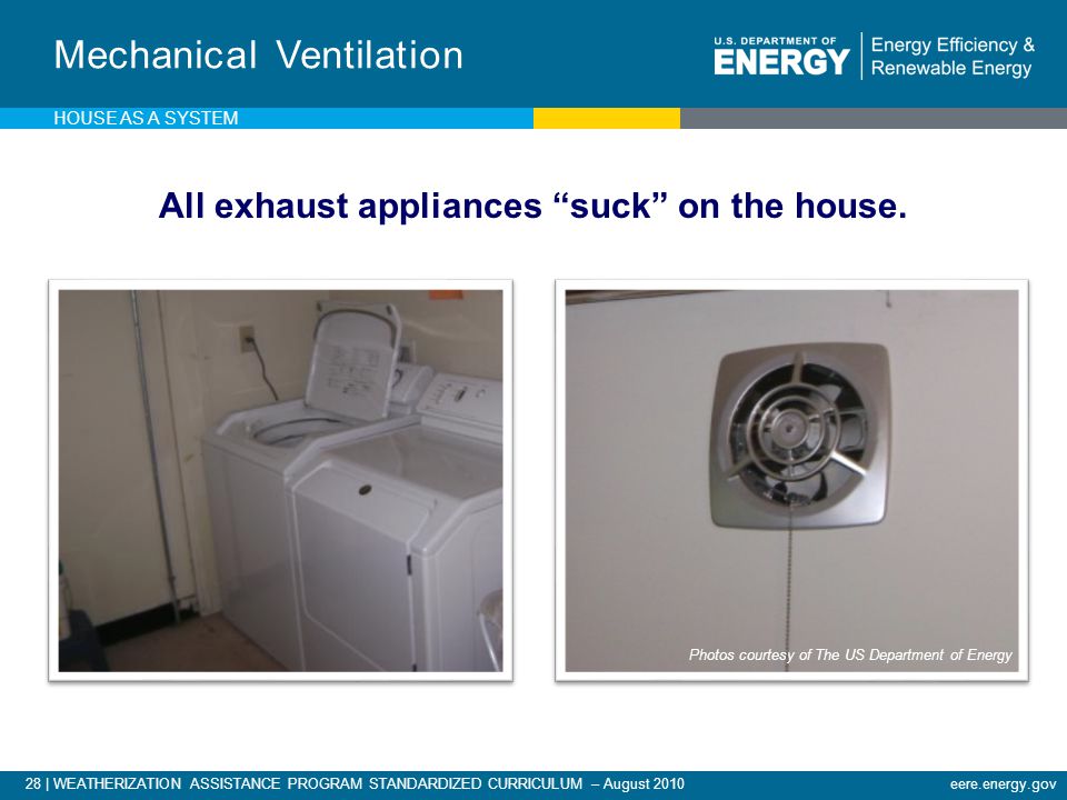 28 | WEATHERIZATION ASSISTANCE PROGRAM STANDARDIZED CURRICULUM – August 2010eere.energy.gov All exhaust appliances suck on the house.