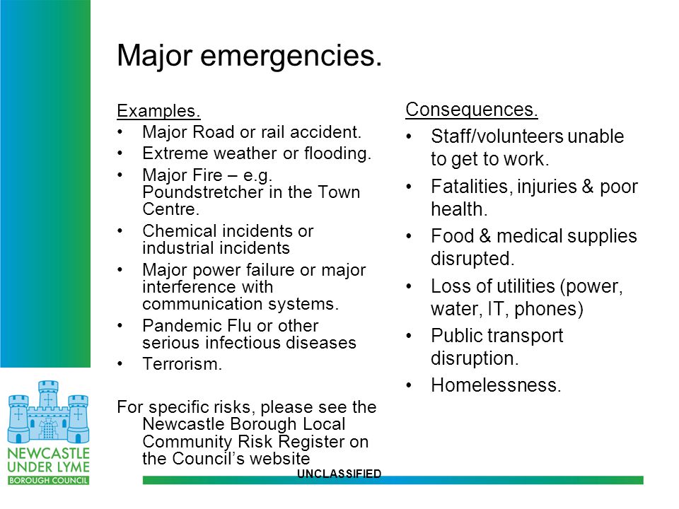 UNCLASSIFIED Major emergencies. Examples. Major Road or rail accident.