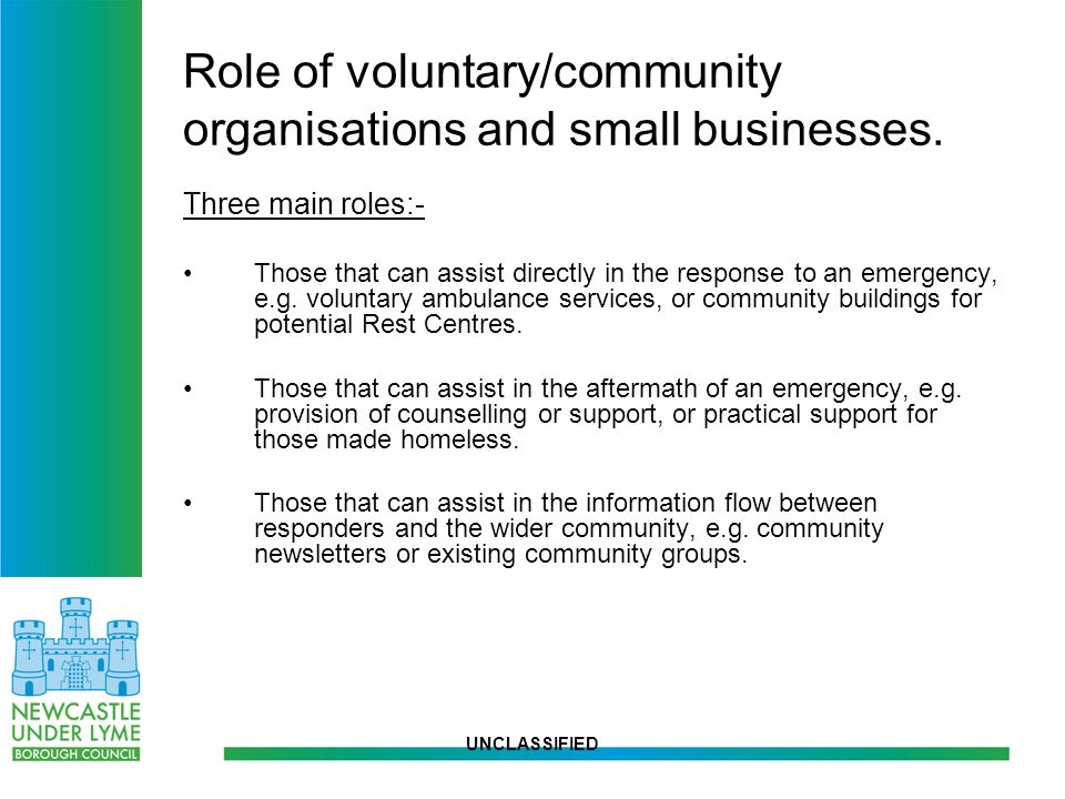 UNCLASSIFIED Role of voluntary/community organisations and small businesses.
