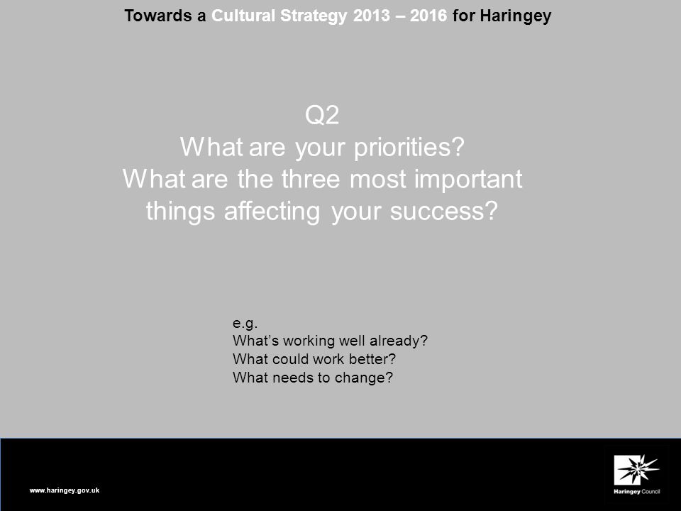 Towards a Cultural Strategy 2013 – 2016 for Haringey Q2 What are your priorities.