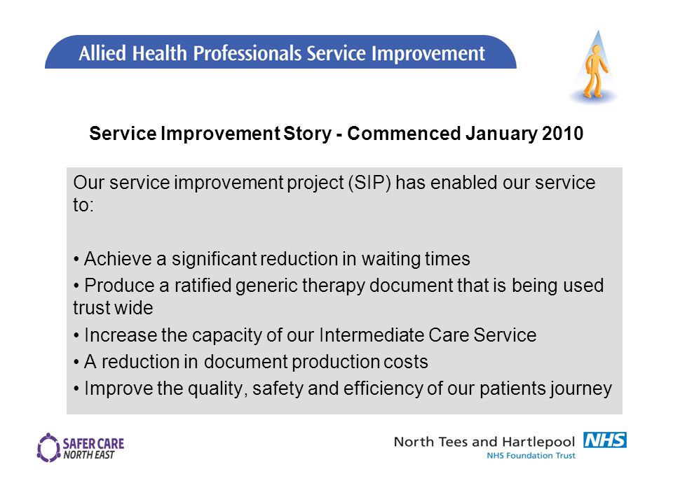 Service Improvement Story - Commenced January 2010 Our service improvement project (SIP) has enabled our service to: Achieve a significant reduction in waiting times Produce a ratified generic therapy document that is being used trust wide Increase the capacity of our Intermediate Care Service A reduction in document production costs Improve the quality, safety and efficiency of our patients journey