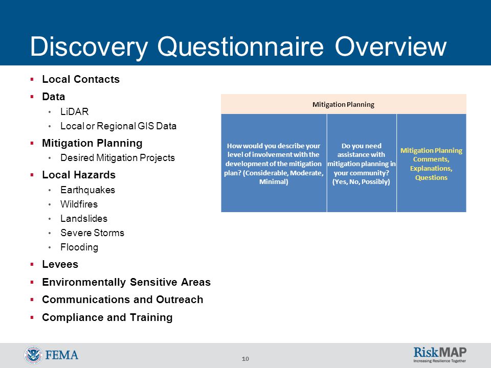 10 Discovery Questionnaire Overview  Local Contacts  Data LiDAR Local or Regional GIS Data  Mitigation Planning Desired Mitigation Projects  Local Hazards Earthquakes Wildfires Landslides Severe Storms Flooding  Levees  Environmentally Sensitive Areas  Communications and Outreach  Compliance and Training Mitigation Planning How would you describe your level of involvement with the development of the mitigation plan.