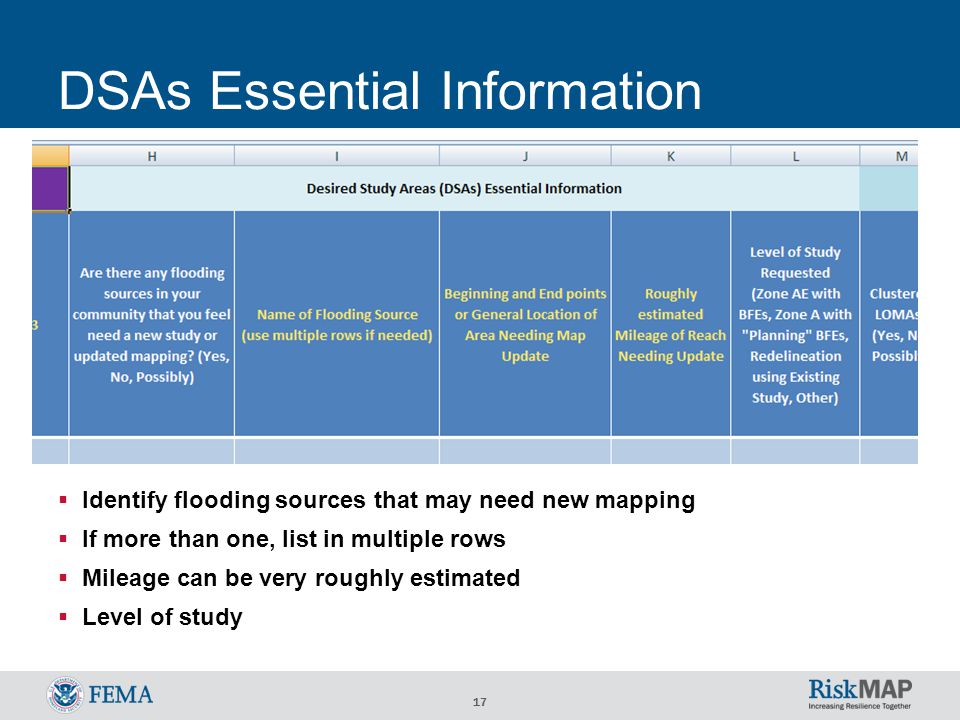17 DSAs Essential Information  Identify flooding sources that may need new mapping  If more than one, list in multiple rows  Mileage can be very roughly estimated  Level of study