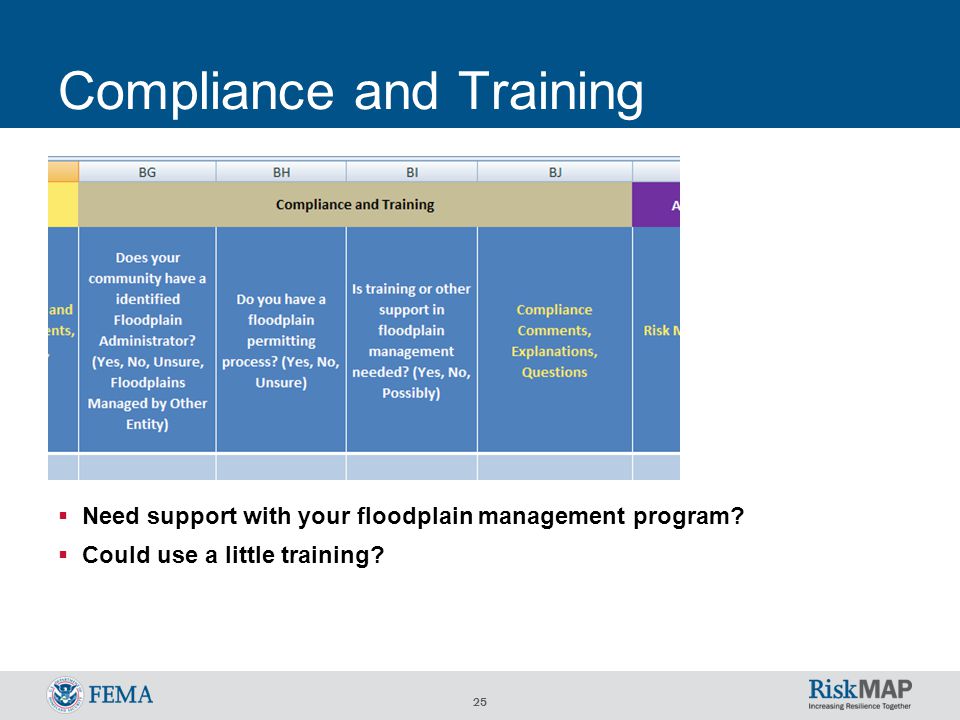 25 Compliance and Training  Need support with your floodplain management program.