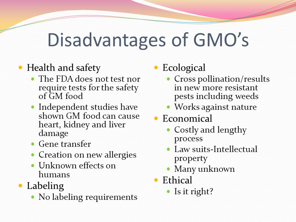 Advantages of GMO’s Scientists claim GMO’s Have higher and faster crop yields Are resistant to disease and pests Lower pesticide and herbicide applications Have higher profitability for farmers Can have increased nutritional value