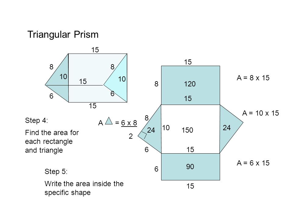 Triangular Prism Find the area for each rectangle and triangle Step 4: 8 6 Step 5: Write the area inside the specific shape A = 8 x 15 A = 10 x 15 A = 6 x A = 6 x