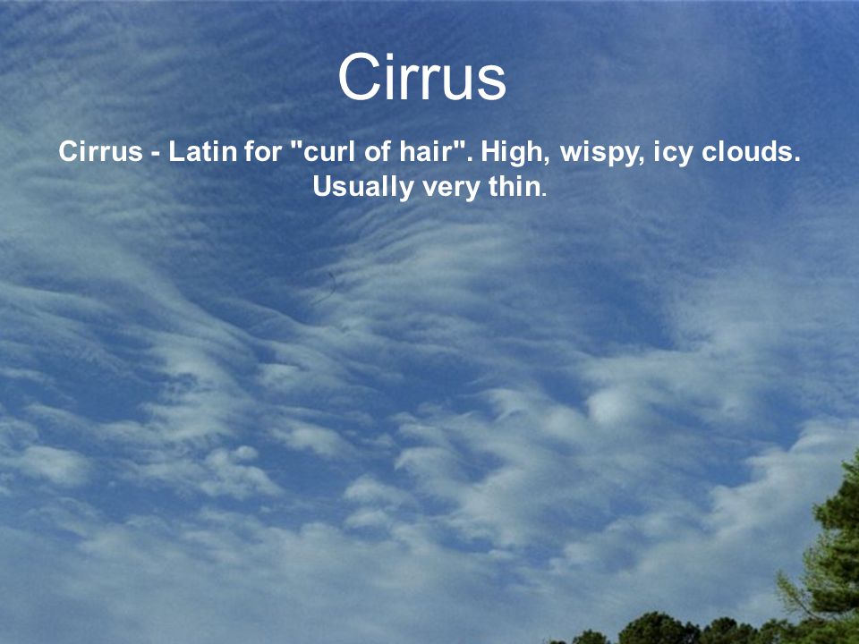 Cirrus Cirrus - Latin for curl of hair . High, wispy, icy clouds. Usually very thin.