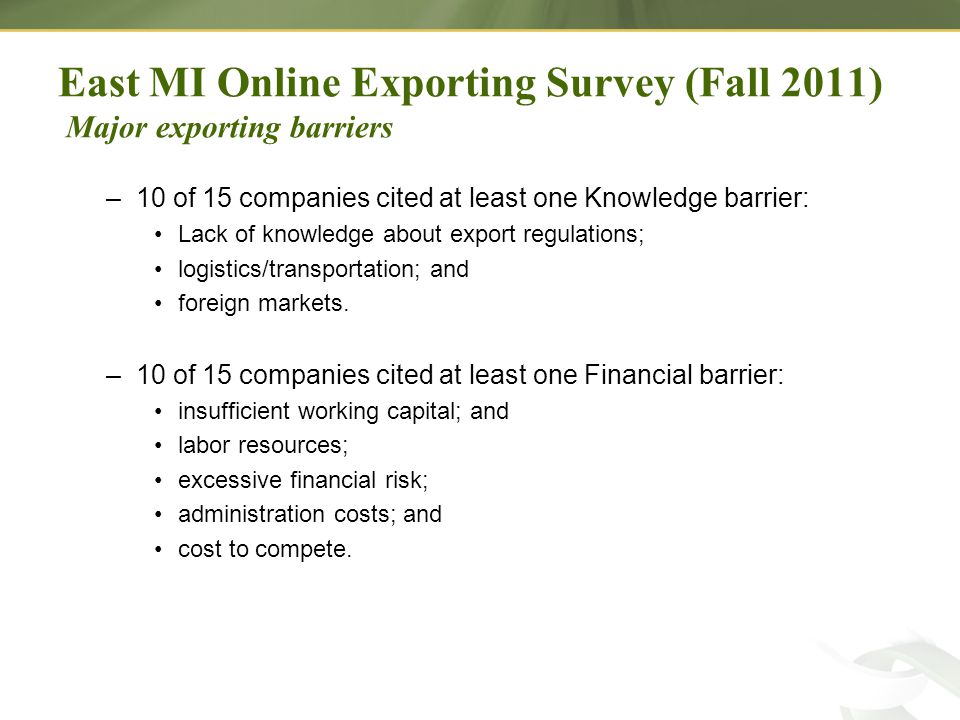 –10 of 15 companies cited at least one Knowledge barrier: Lack of knowledge about export regulations; logistics/transportation; and foreign markets.