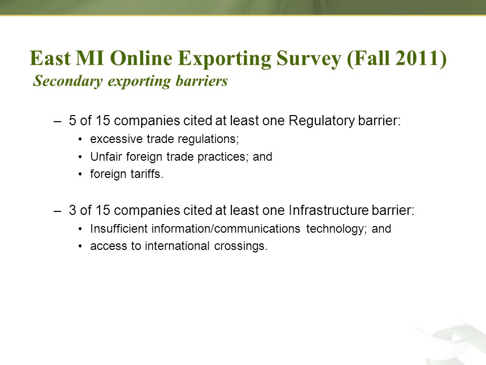 –5 of 15 companies cited at least one Regulatory barrier: excessive trade regulations; Unfair foreign trade practices; and foreign tariffs.