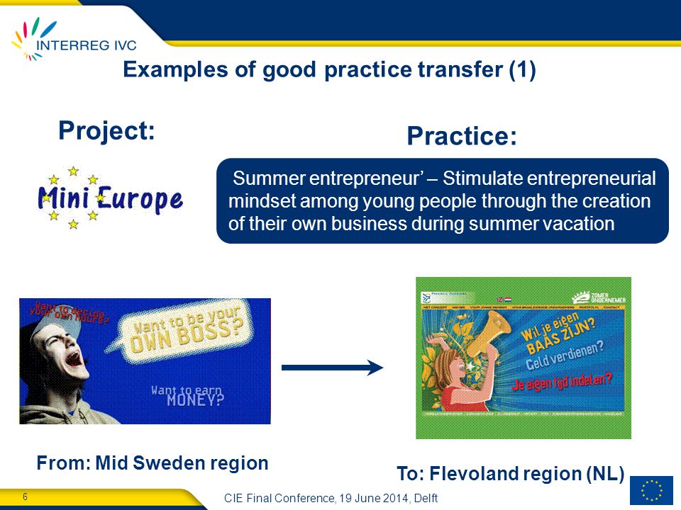 6 CIE Final Conference, 19 June 2014, Delft Examples of good practice transfer (1) From: Mid Sweden region To: Flevoland region (NL) ‘Summer entrepreneur’ – Stimulate entrepreneurial mindset among young people through the creation of their own business during summer vacation Practice: Project: